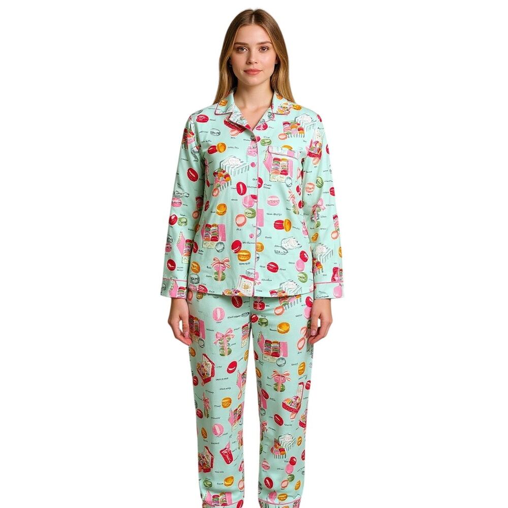 Nick & Nora Macarons Flannel Pajamas Two Piece Womens Medium